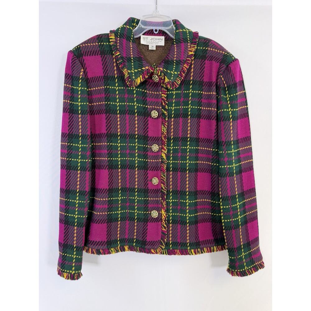 BEAUTIFUL St John collection jacket pink green black knit suit blazer size 14